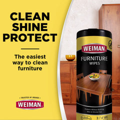Weiman limpiando mesa de madera, brillo inmediato visible