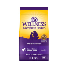 Wellness empaque frontal destacando receta completa para perros