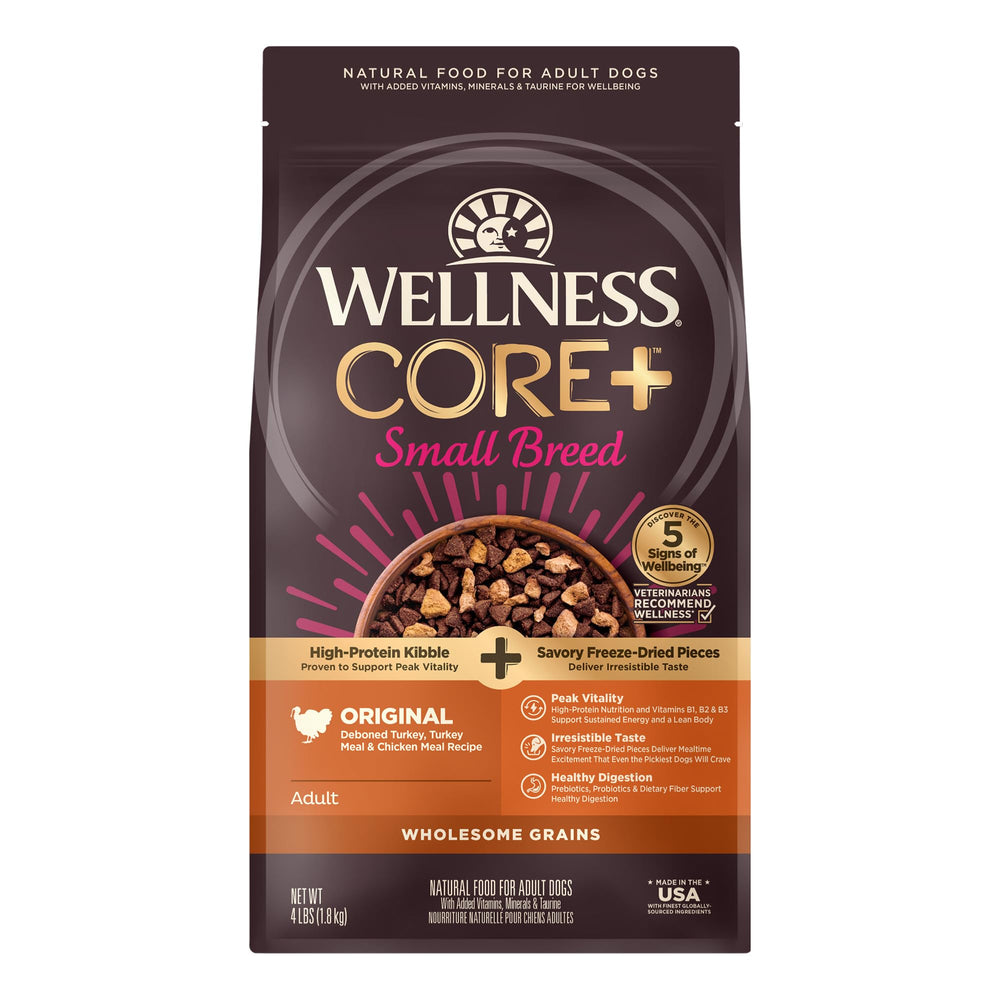 Wellness paquete frontal mostrando fórmula CORE+ para razas pequeñas y beneficios proteicos