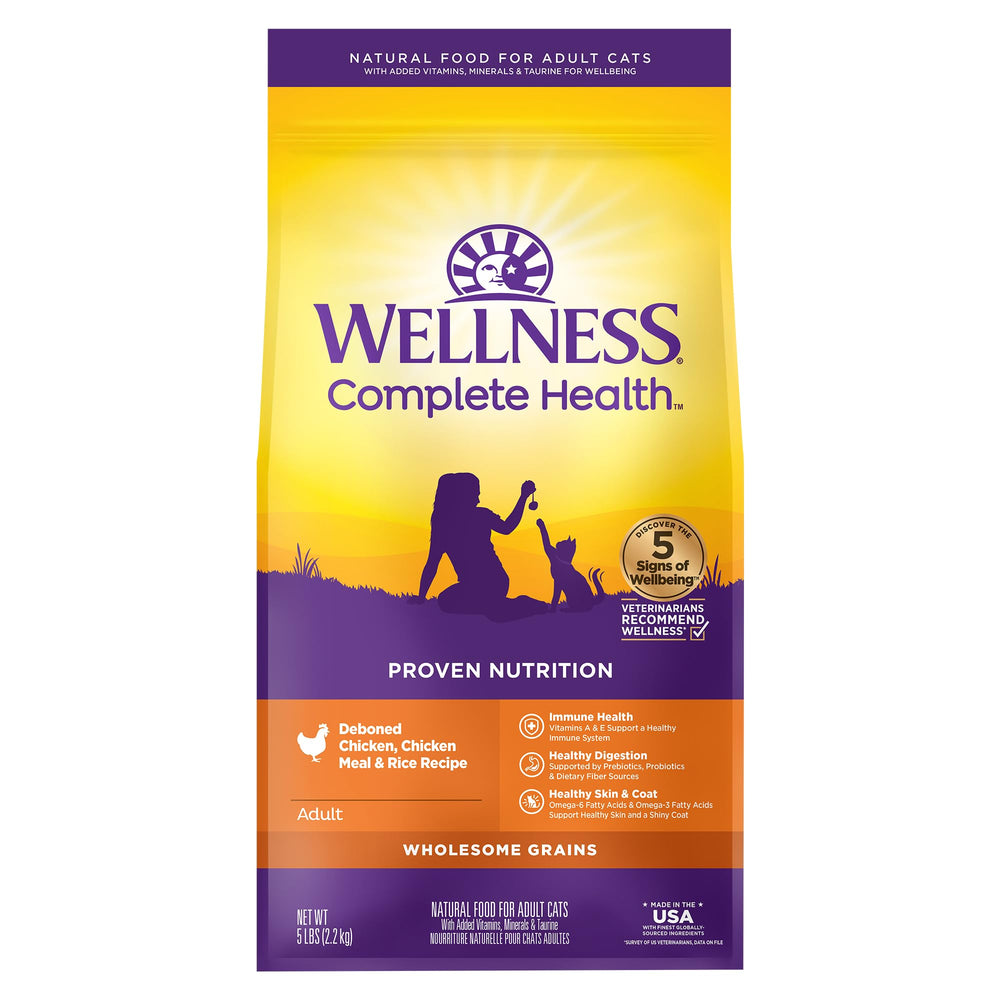 Wellness paquete frontal 5 lb mostrando la receta de pollo y beneficios nutricionales