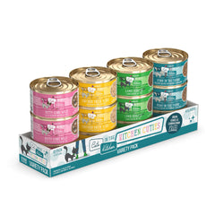 Weruva front packaging of Kitchen Cuties variety pack showing cans for quick recognition and purchase benefit
