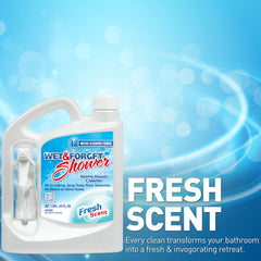 Wet & Forget en uso en ducha mostrando limpieza sin frotar y resultado visible