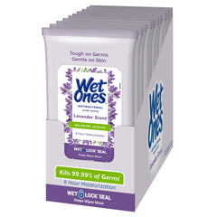 Wet Ones envase frontal lavanda mostrando tapa práctica y beneficio conveniencia