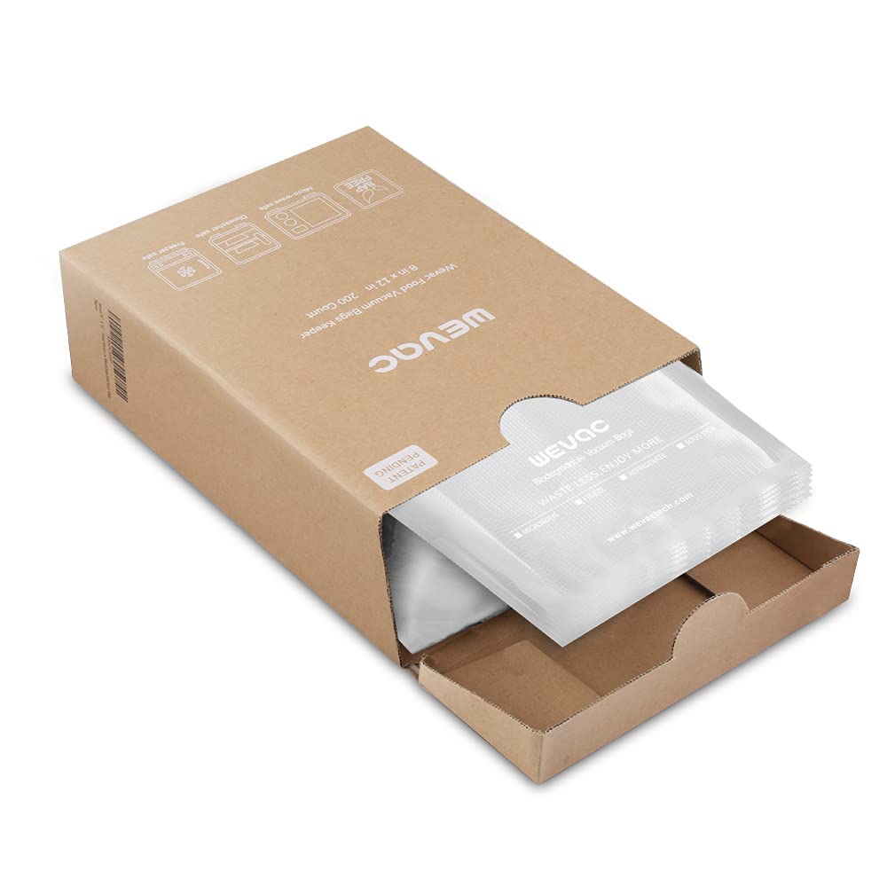 Wevac front packaging showing 200 precut bags and keeper box for neat storage