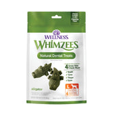 Whimzees paquete frontal mostrando diseño y cantidad, ayuda a elegir tamaño correcto