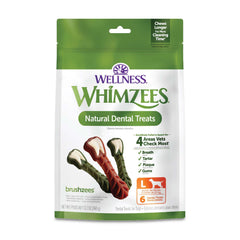 Whimzees bolsa frontal mostrando 6 unidades y beneficio limpieza dental