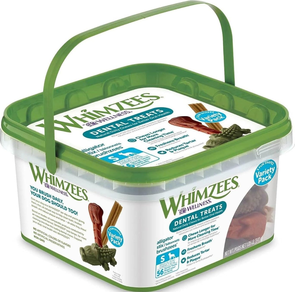 Whimzees caja frontal mostrando 56 masticables, beneficio limpieza diaria