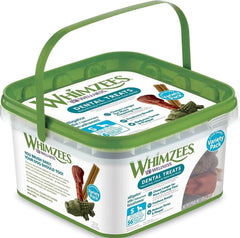 Whimzees caja frontal mostrando 56 masticables, beneficio limpieza diaria
