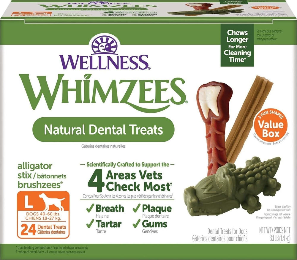 Whimzees paquete frontal mostrando 24 unidades y beneficios dentales