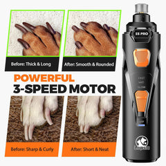 Whisper Quiet Dog Nail Grinder en uso en mano, fácil control y bajo estrés para mascotas