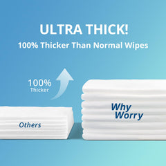 WhyWorry toallita desplegada 8x12 pulg mostrando cobertura amplia para el cuerpo