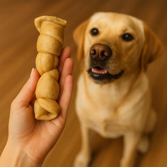 Wild Eats perro masticando un rollo, entretenimiento y limpieza dental natural