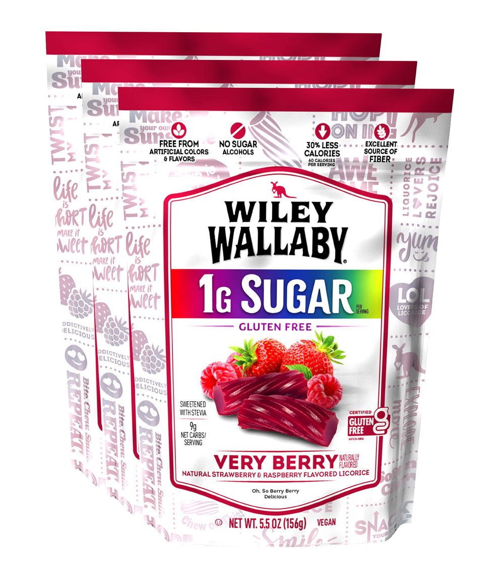 WILEY WALLABY frente del paquete Very Berry mostrando diseño y peso