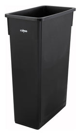 Winco cubo de basura frontal negro mostrando huella compacta y fácil colocación