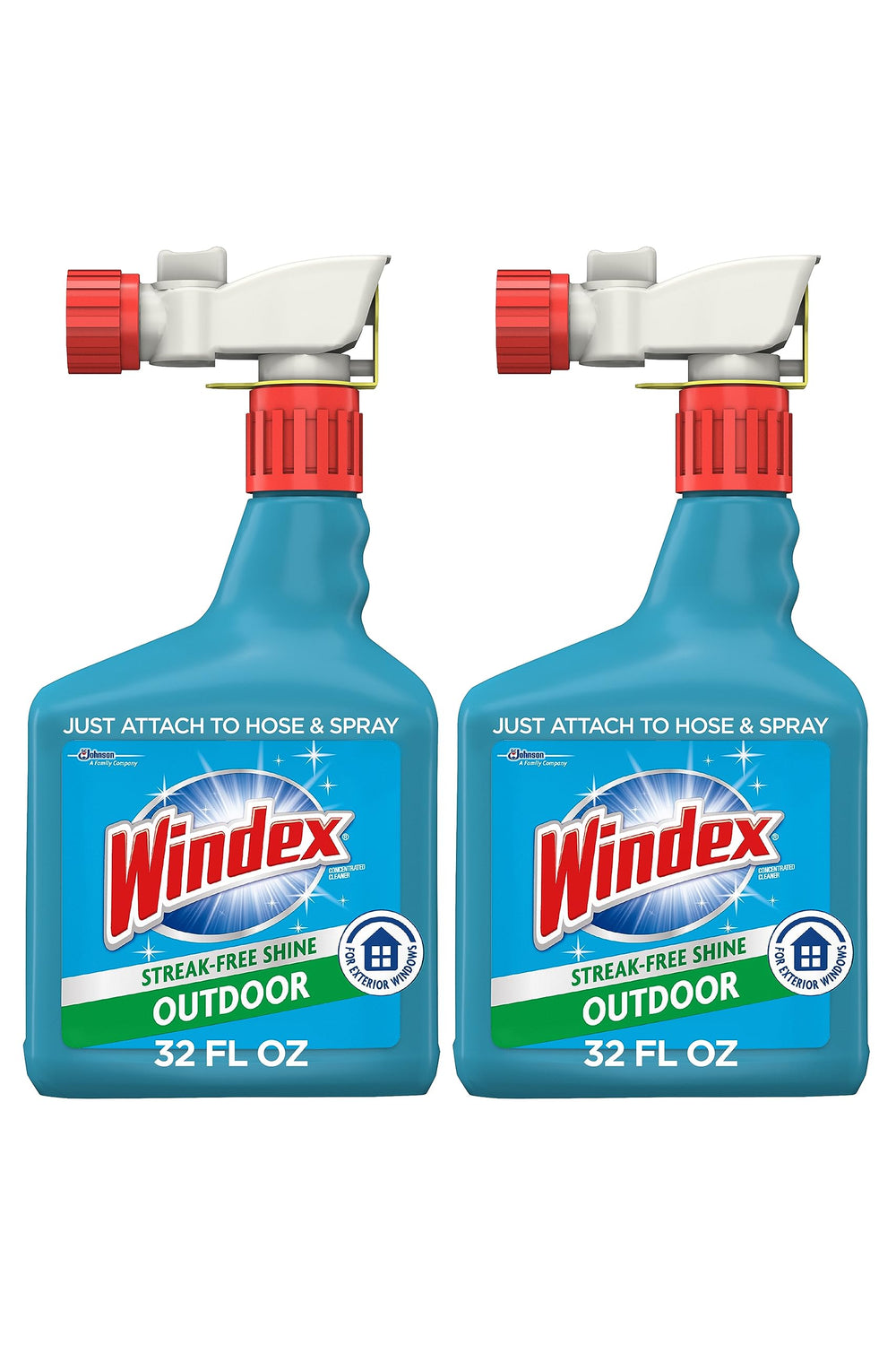 Windex front packaging showing two bottles and hose-ready convenience benefit
