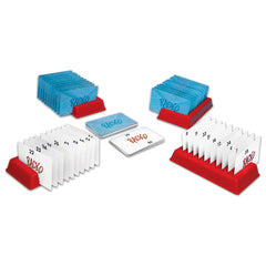 Winning Moves cartas y rack en primer plano, claridad numérica y durabilidad