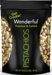 Wonderful Pistachios frente del empaque mostrando bolsa resellable y tamaño