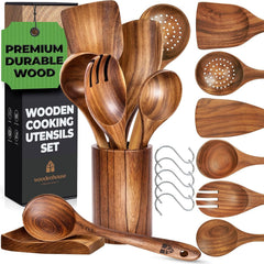 Woodenhouse set frontal mostrando 8 piezas y soporte, aporta organización práctica