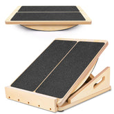 Woodure vista frontal del balance board y slant board mostrando diseño robusto y funcionalidad