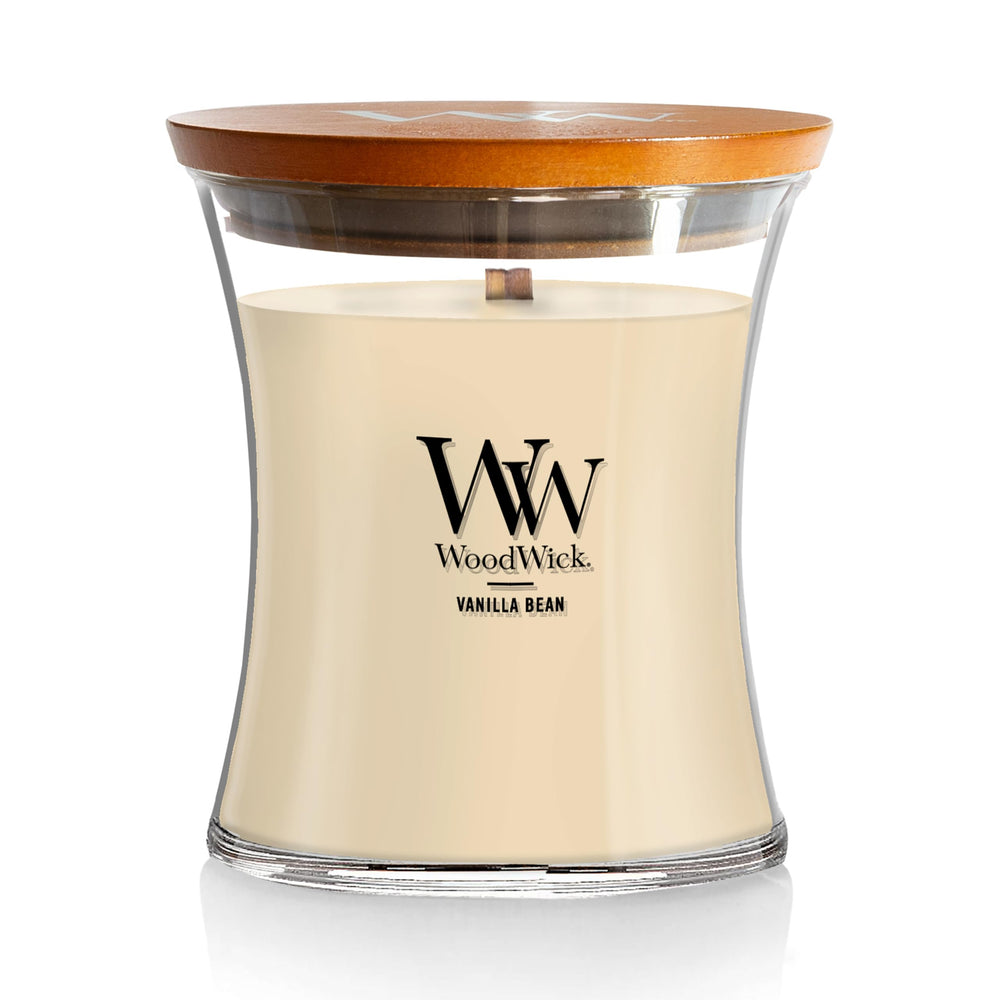 WoodWick(ウッドウィック) frente del envase mostrando diseño hourglass y aroma