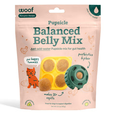 WOOF paquete frontal de Pupsicle Mix mostrando instrucciones claras y beneficios