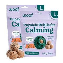 WOOF recarga mostrando empaque frontal y beneficios calmantes