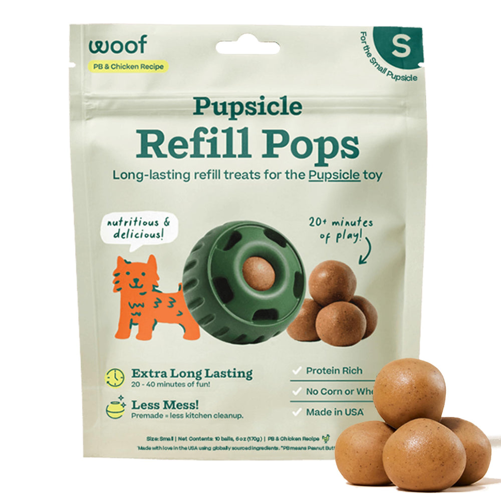 WOOF paquete frontal de Pupsicle Refill Pops mostrando 10 unidades y conveniencia