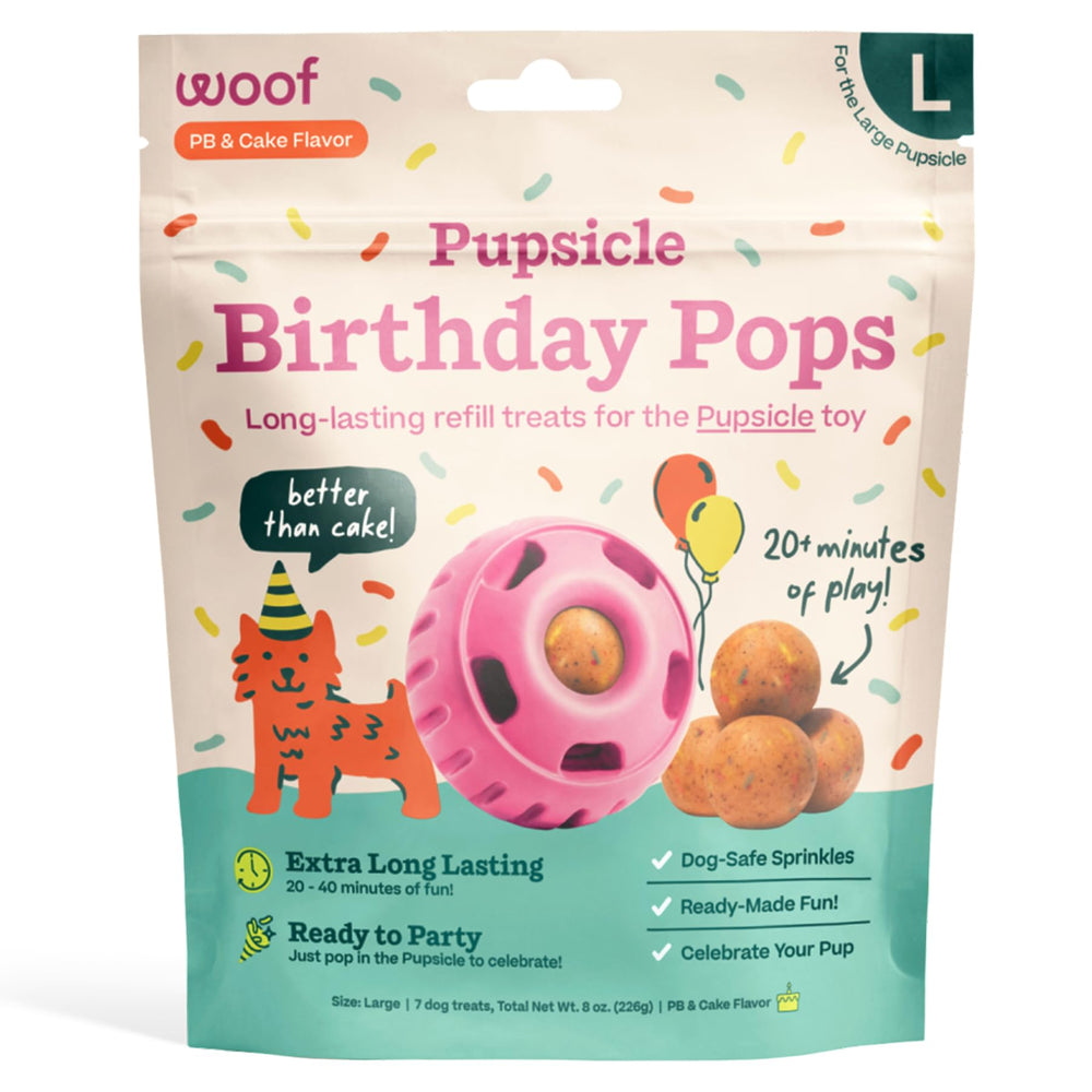 WOOF empaque frontal mostrando Refill Pops listo para usar y práctica conveniencia