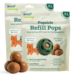 WOOF paquete frontal de Pupsicle Refill Pops XL mostrando el embalaje listo