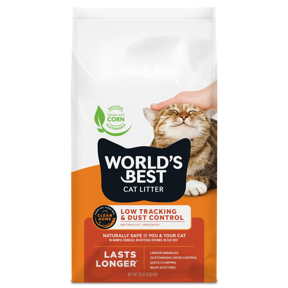 World's Best Cat Litter frente del empaque mostrando 15 lb y beneficios