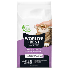 World's Best Cat Litter paquete frontal muestra tamaño y beneficio duración