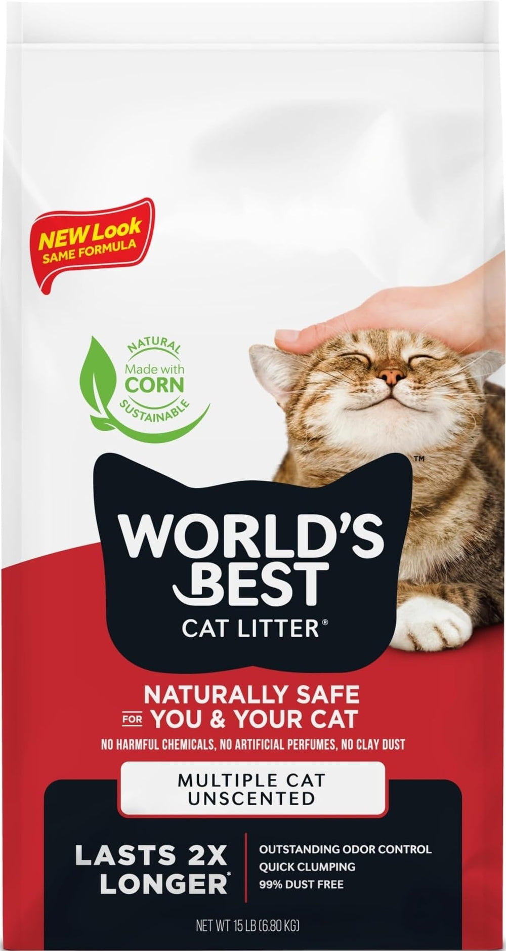 World's Best Cat Litter paquete frontal mostrando el sello natural y control de olores