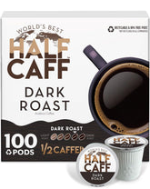 World's Best Half Caff vista frontal del empaque con 100 cápsulas mostrando cantidad y marca