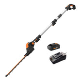 WORX WG252 front-angle pole trimmer showing full tool and reach benefit