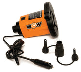 WOW Sports inflador frontal mostrando controles y carcasa resistente, portátil y fácil de usar