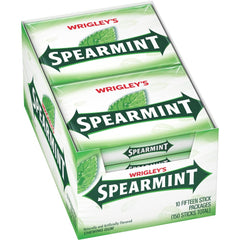 WRIGLEY'S Spearmint frente del paquete mostrando cantidad y marca, conserva frescura