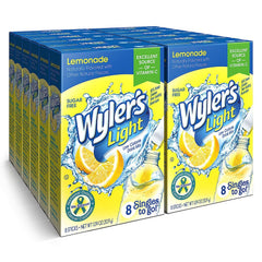 Wyler's Light empaque frontal mostrando cajas y sobres, fácil identificación y transporte
