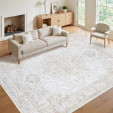 Xafir vista frontal de la alfombra beige mostrando patrón vintage y calidez