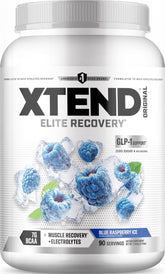 Xtend bote frontal Blue Raspberry Ice mostrando la presentación y beneficio recuperación