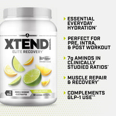 Xtend envase junto a cuchara mostrando 90 servicios y tamaño real