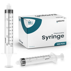 Jeringa Yalomi 10 mL frontal, embalaje limpio y medición precisa