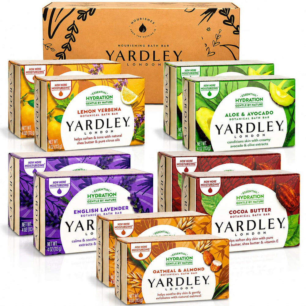 Yardley London pack frontal mostrando las diez barras y variedad de aromas