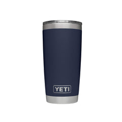 YETI Rambler frontal azul marino mostrando diseño resistente y capacidad 20 oz
