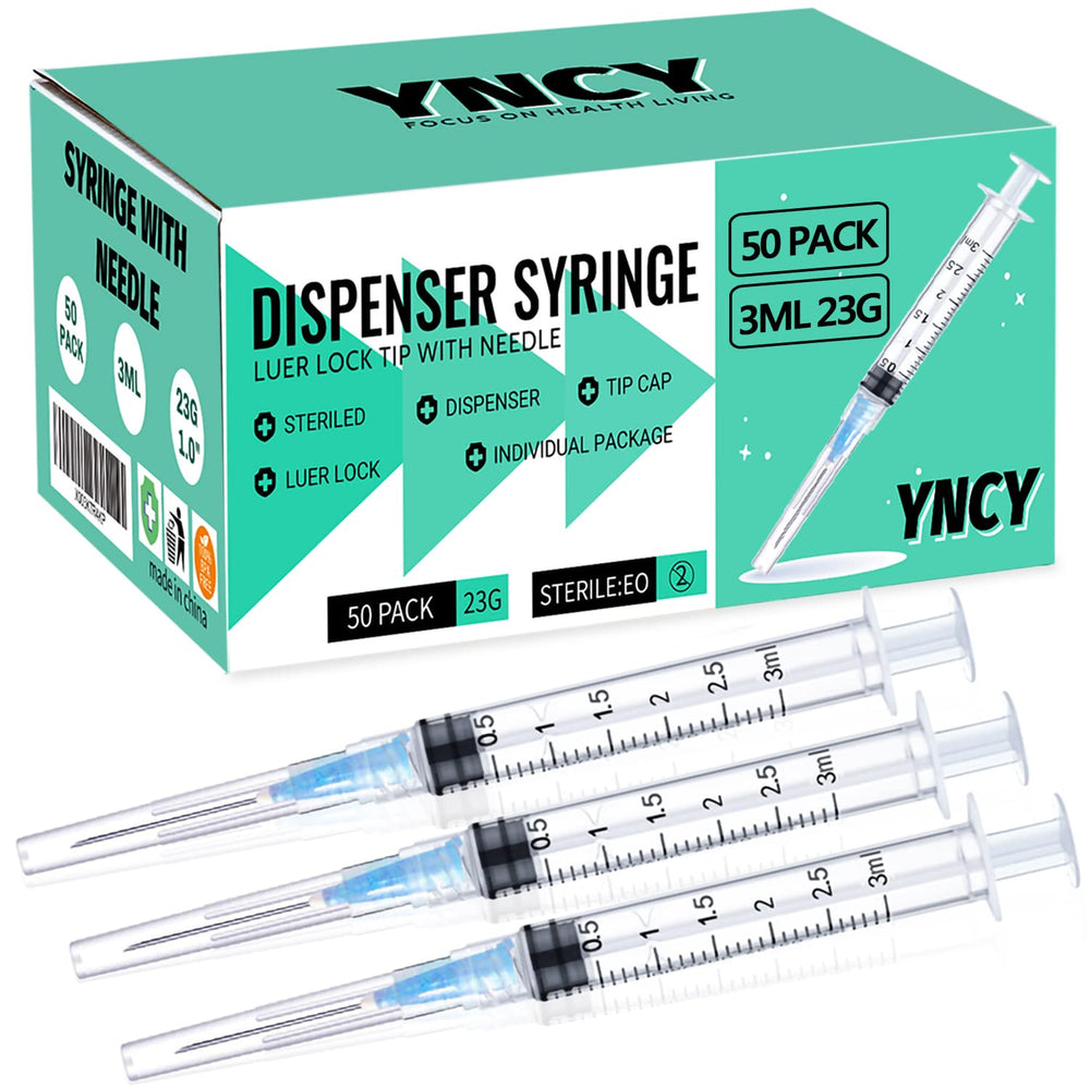 YNCY jeringa 3 ml frontal mostrando cuerpo transparente y graduaciones para precisión