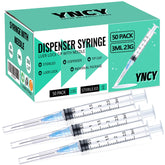 YNCY jeringa 3 ml frontal mostrando cuerpo transparente y graduaciones para precisión