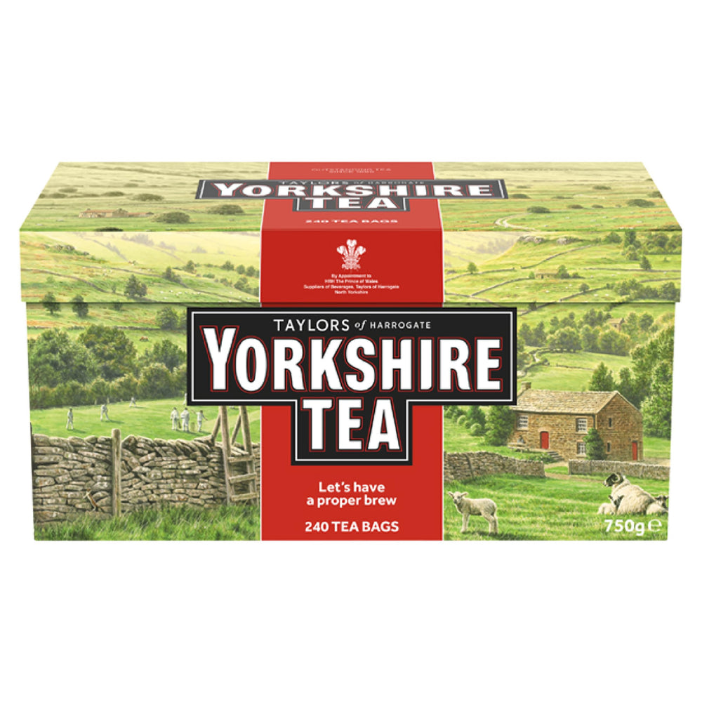 Yorkshire Tea paquete frontal mostrando 240 bolsas y diseño rojo, sabor consistente