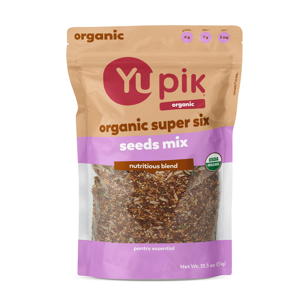 Yupik front packaging showing organic super 6 seeds, shelf-stable convenience