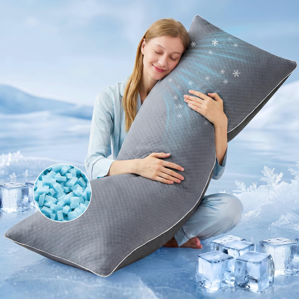 YZ HOME almohada corporal frontal mostrando forma y funda gris para mejor descanso