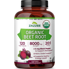 Zazzee front bottle view emphasizing organic certification and clear benefits