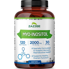 Zazzee envase frontal mostrando Myo-Inositol 2000 mg y beneficio de dosificación clara